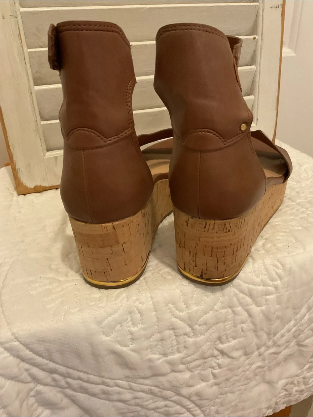 Franco Sarto Tan Leather Cork Wedge Sandals with Ankle Strap
